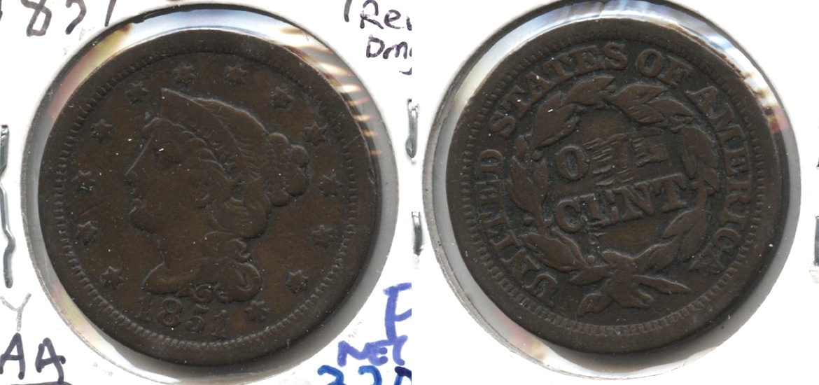 1851 Coronet Large Cent Fine-12 #y Reverse Damage