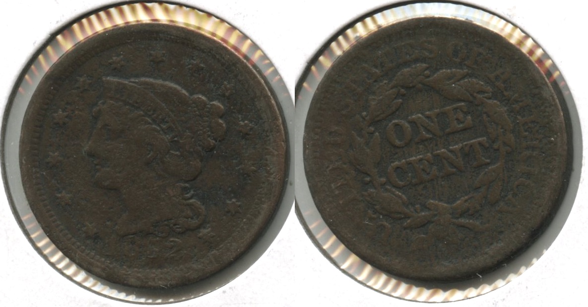 1852 Coronet Large Cent Fine-12 #ae Porous