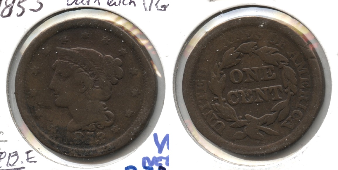 1853 Coronet Large Cent VG-8 #f Dark Patch