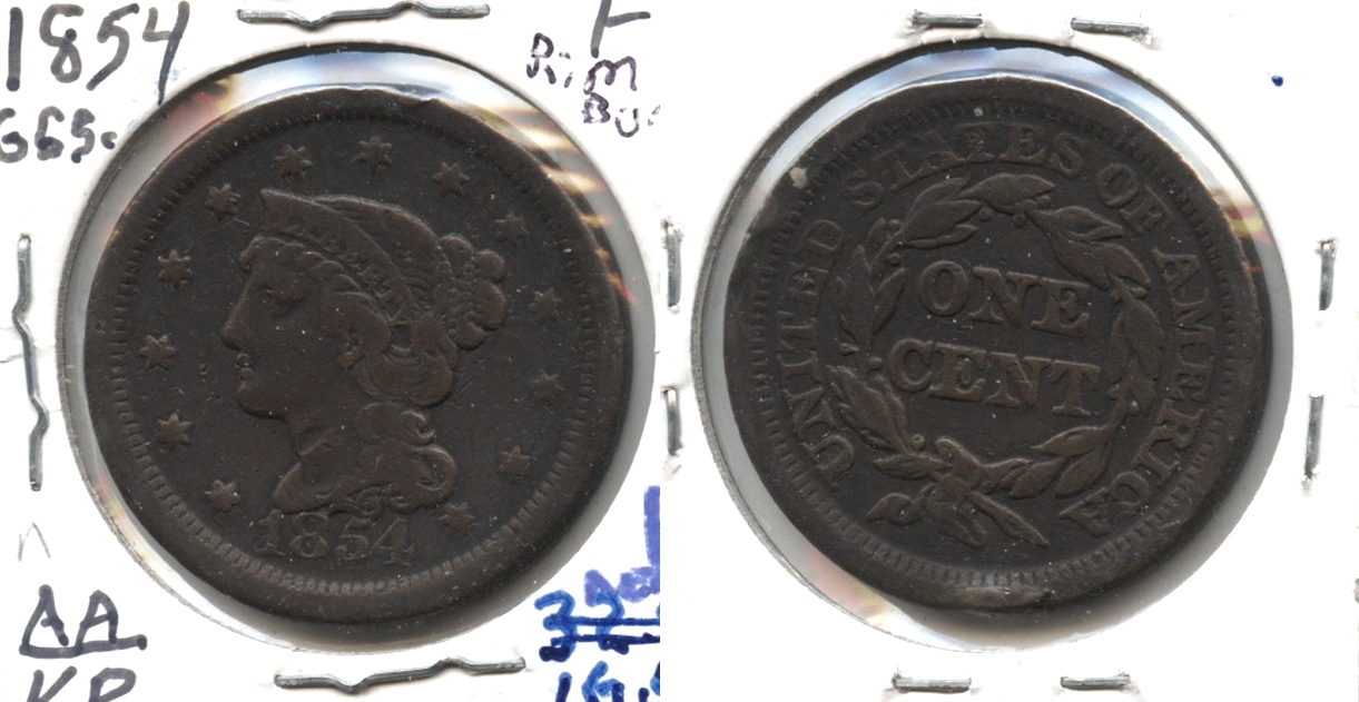 1854 Coronet Large Cent Fine-12 #n Rim Bumps