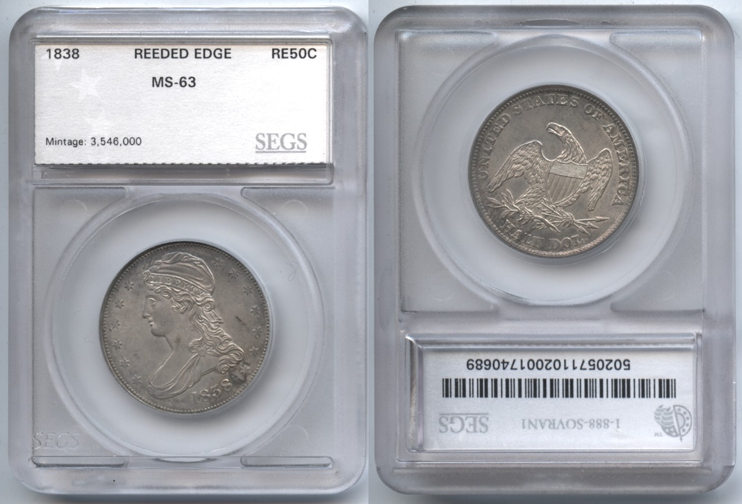 1838 Reeded Edge Capped Bust Half Dollar SEGS MS-63