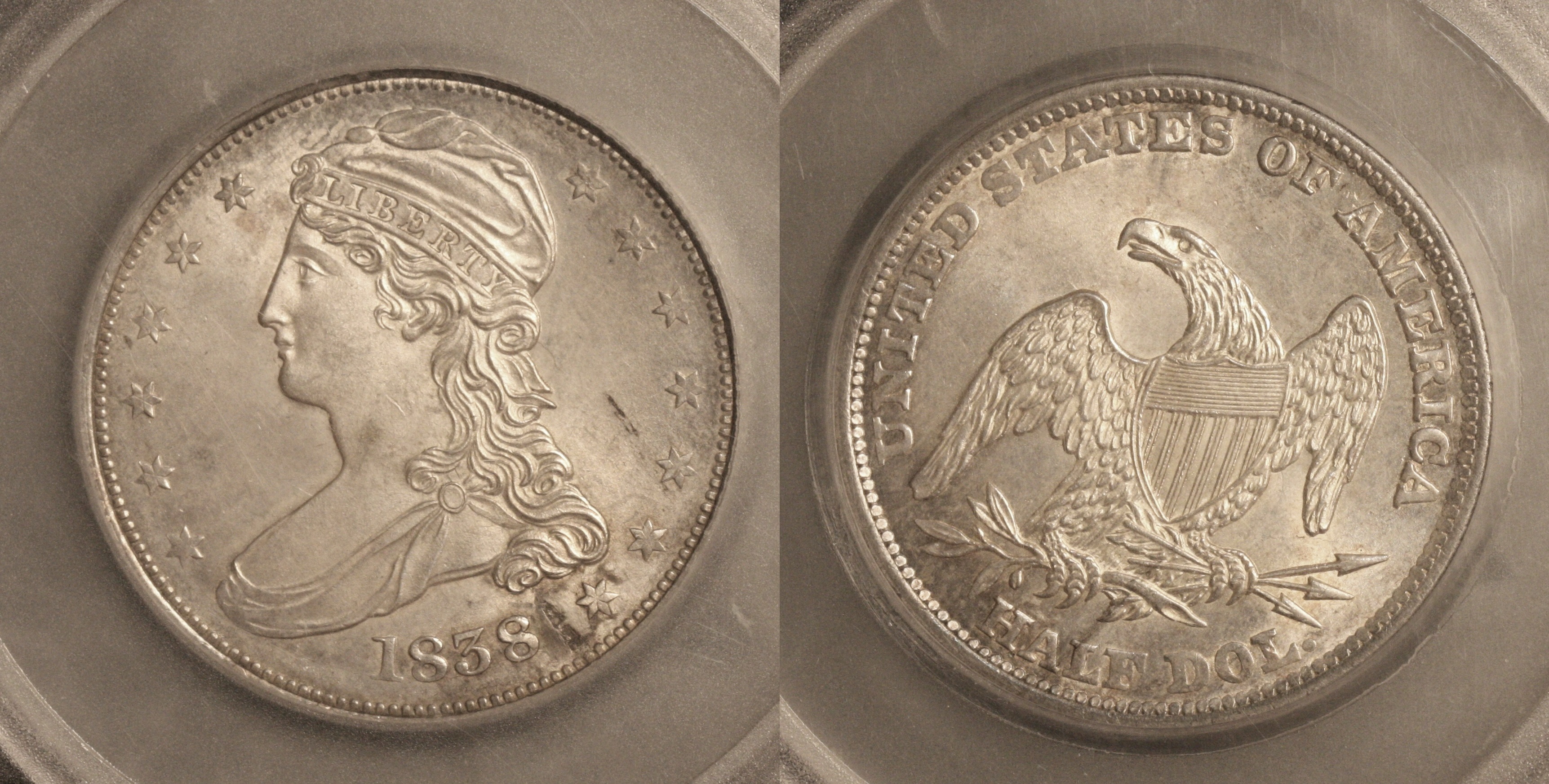 1838 Reeded Edge Capped Bust Half Dollar SEGS MS-63 camera